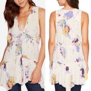 Free People Purple Haze Floral Tiered Ruffle Sleeveless Boho Tunic Top Sz S